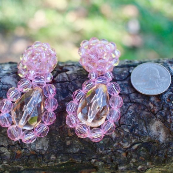 New Clear Crystal Acrylic Dangle Drop Earrings Pink Big Dangle Fresh Spring - Picture 4 of 13